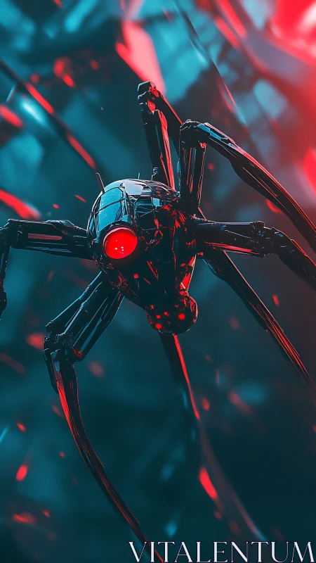 Cybernetic spider drone scans neon battlefield horizon