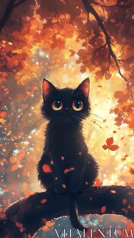 Black Cat with Glowing Eyes in Autumn Fire.