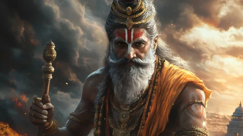 Wise sage in golden robes beneath a storm-touched sky.