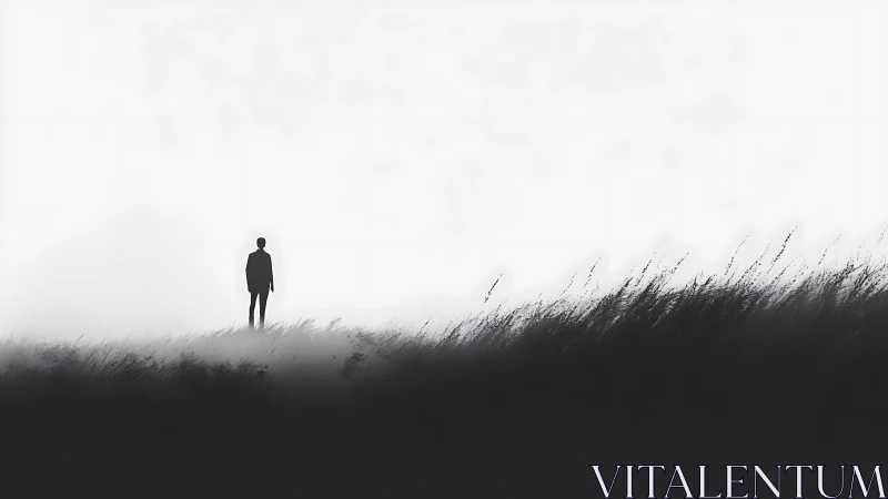 Solitary figure contemplates in a windswept monochrome field.