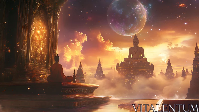 Monk observes floating Buddha statues above cloud temples