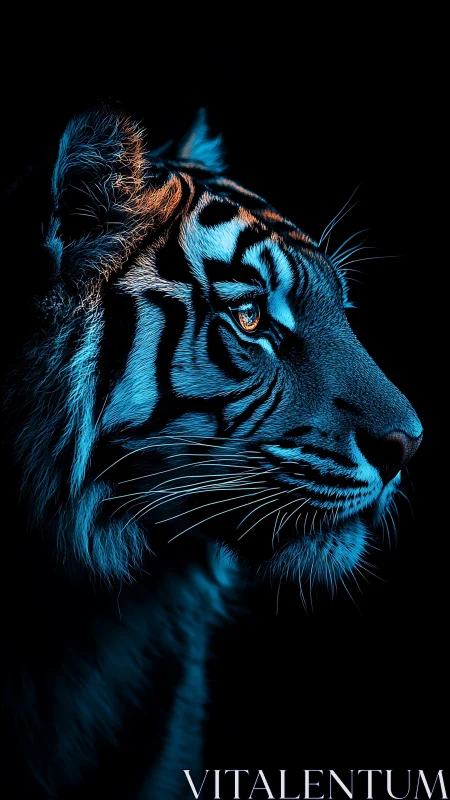 Side profile blue lit tiger portrait on dark background.
