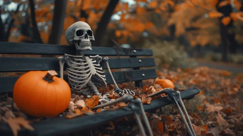 Skeleton rests on park bench amid pumpkins and autumn leaves.