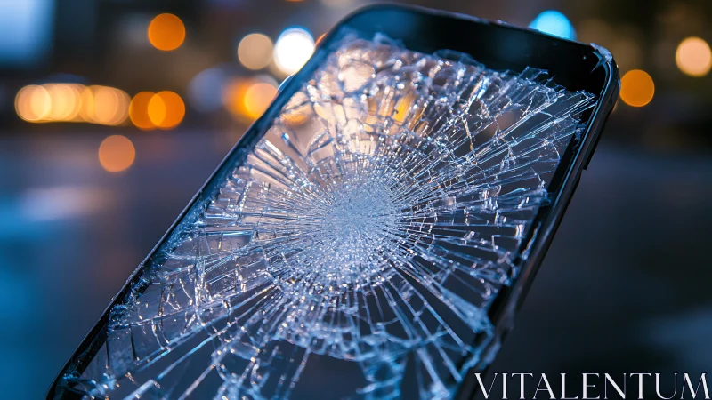 Shattered phone galaxy under rainy city bokeh lights.