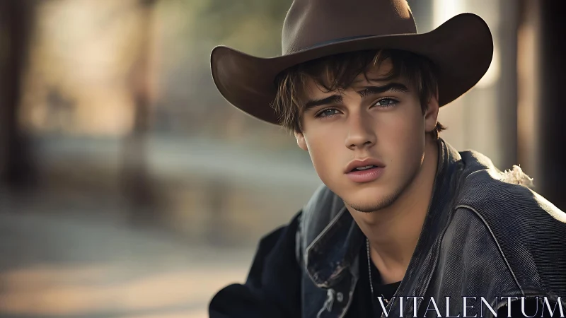 Quiet cowboy gaze meets soft afternoon light with warmth