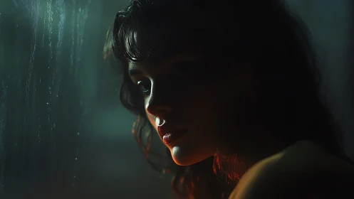 Woman’s face partly lit by red side light near wet window