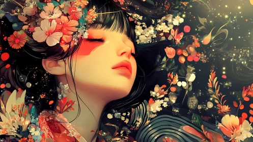 Floral dreamscape portrait with luminous geisha profile.