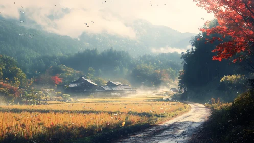 Mist-draped mountain village dreams in autumn gold fields.