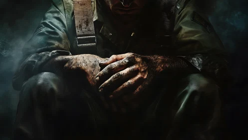 Soldier in uniform seated with clasped, dirt-covered hands.