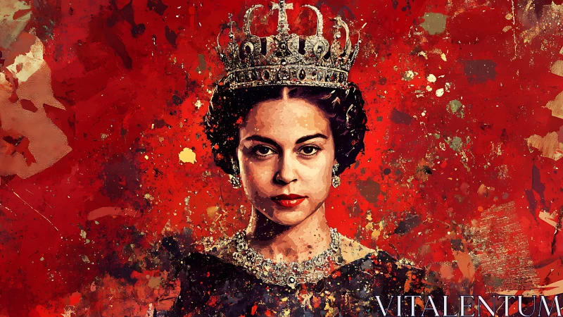 Regal portrait of crowned woman against vivid red splatter