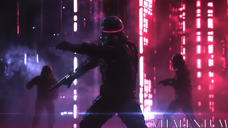 Armored soldiers in neon sci fi corridor, weapons drawn.