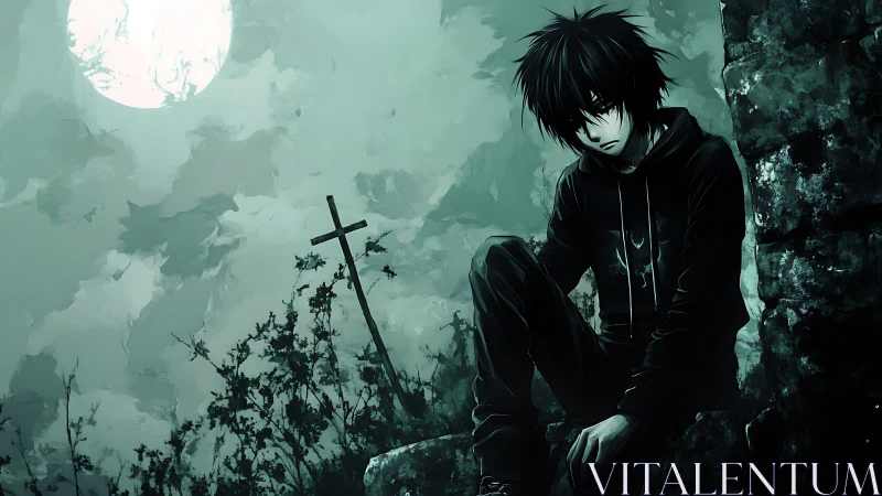 Melancholic anime boy in moonlit graveyard with teal tonality