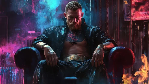 Tattooed man sits in leather chair under neon lighting