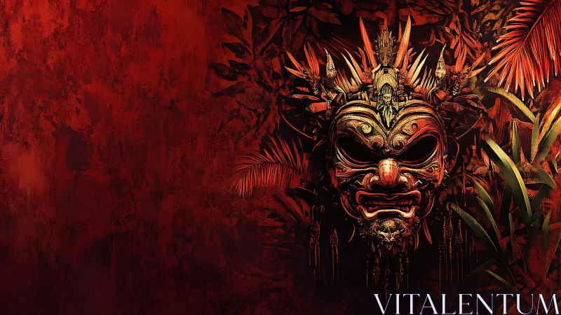 Fiery jungle mask watching from a shadowed red wall.