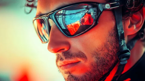 Close-up portrait of cyclist wearing mirrored sport sunglasses