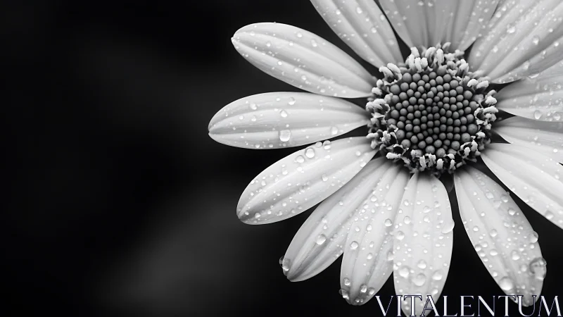 Monochrome macro daisy with dewdrops in lateral composition.