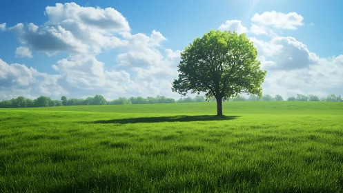Lone green tree under bright blue sky on open meadow.