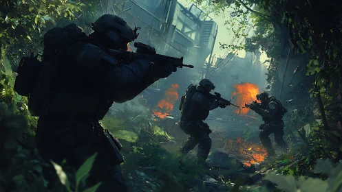 Tactical assault team in overgrown urban combat corridor.