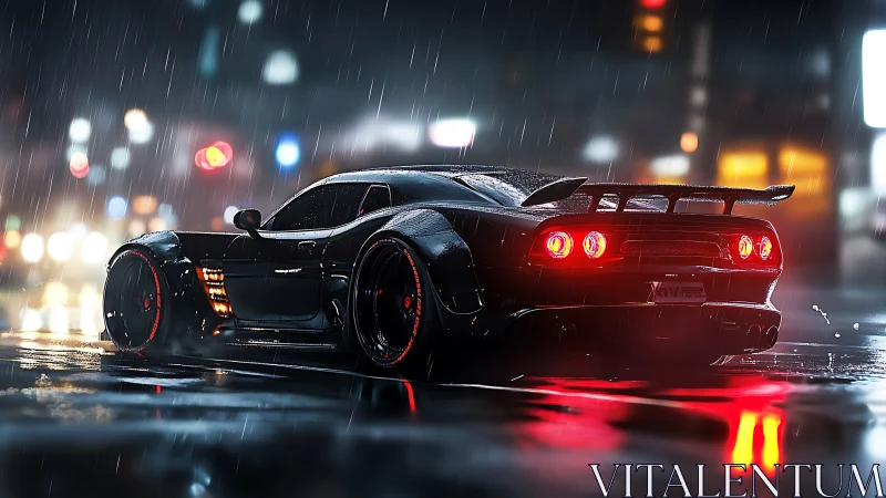 Widebody sports car under neon rain with reflective wet asphalt