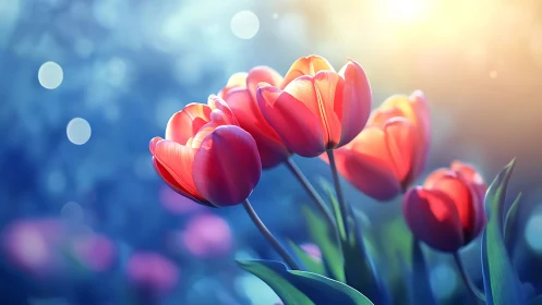 Red Tulips Rendered with Volumetric Lighting and Selective Focus Depth