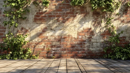 Sunlit brick wall with creeping vines and wooden floorboards