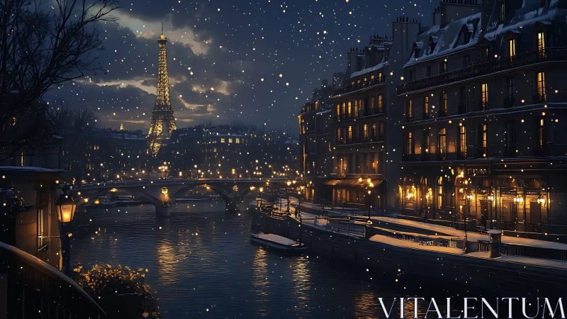 Snowy Parisian riverfront at night with Eiffel Tower illumination