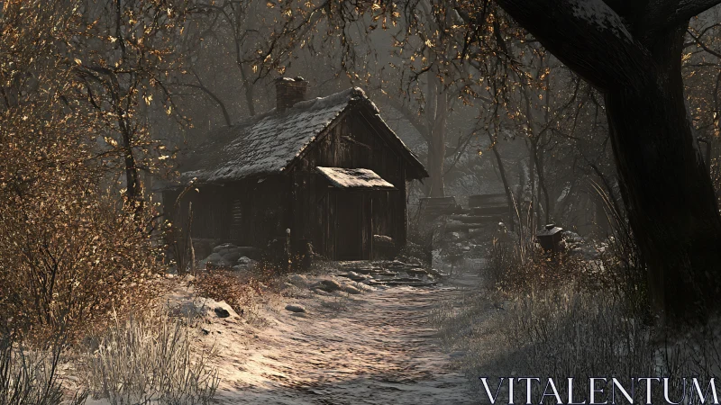 Winter woodland cabin under oblique diffuse backlighting.