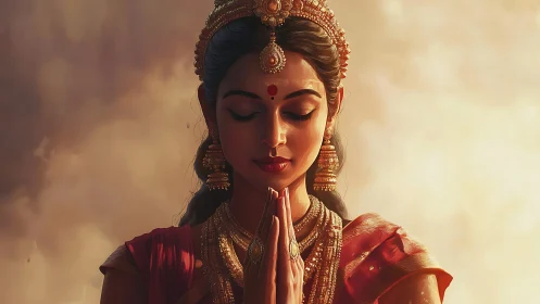 Woman in traditional attire stands with hands pressed in prayer