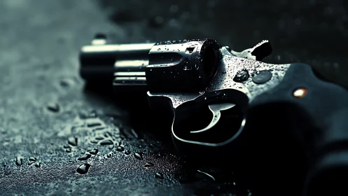 Gleaming revolver rests on wet pavement in quiet close-up
