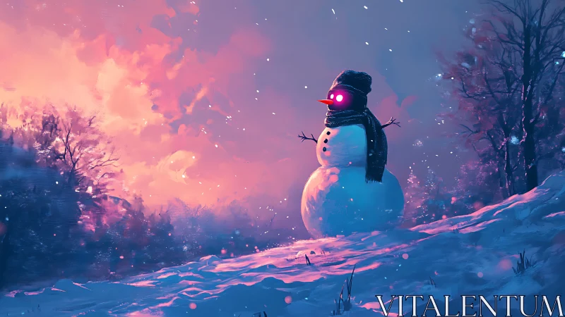Snowman with glowing red eyes in surreal winter sunset.