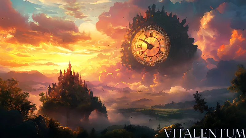 Floating clock fortress overlooks distant castle landscape