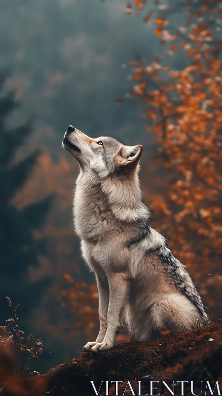 Wolf sits on forest slope and looks upward in autumn light