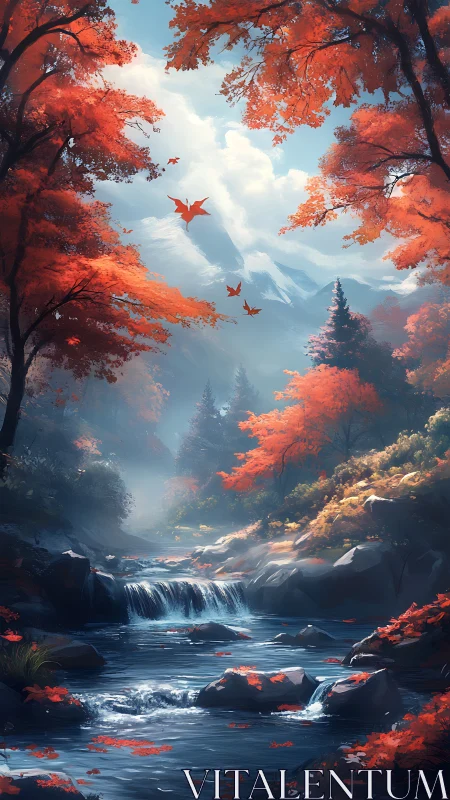 Crimson canopies crown a misty river valley in autumn bloom.