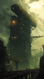 Monolithic industrial airship dock rises through toxic haze
