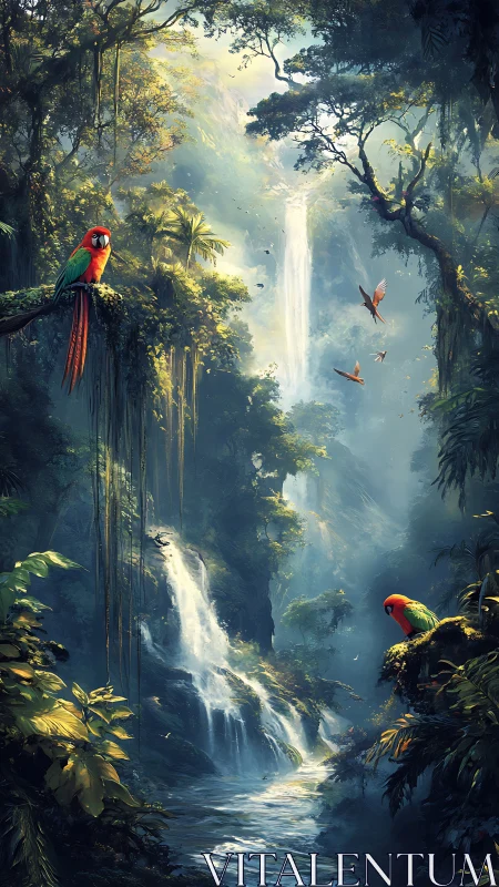 Scarlet macaws overlook misty rainforest waterfall vista.