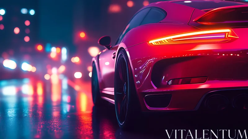 Pink sports car on neon city street at night scene.