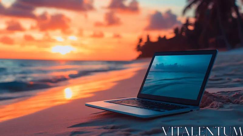 Laptop rests on tropical beach during vivid sunset glow