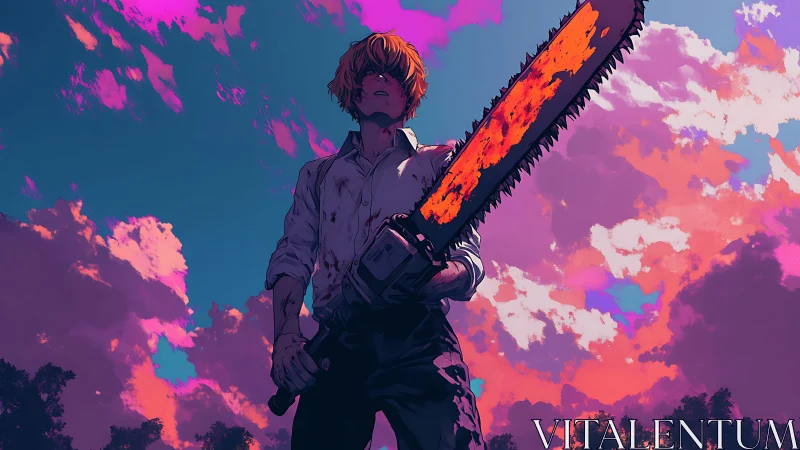 Bloodstained boy wields blazing chainsaw beneath neon skies.