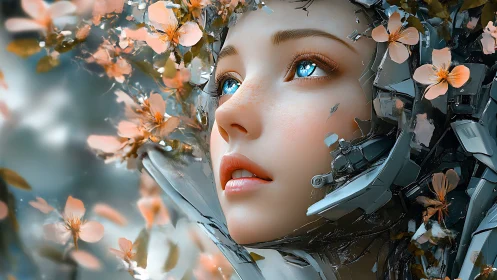 Floral cybernetic portrait of girl with luminous blue eyes.