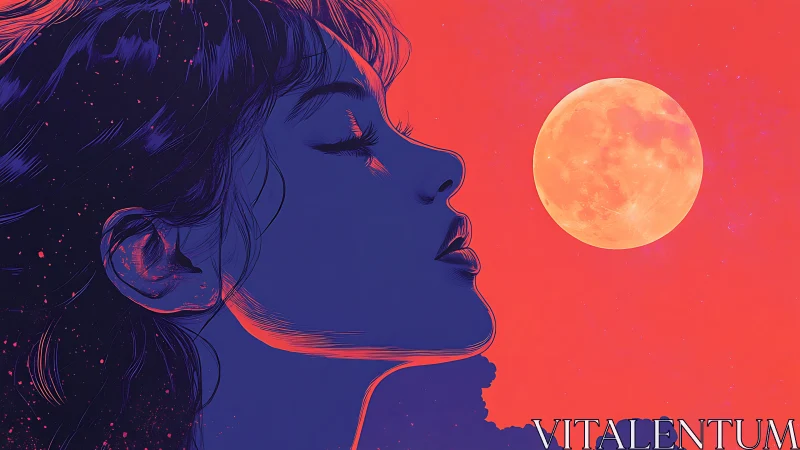 Profile portrait embraces lunar glow in neon dusk sky.