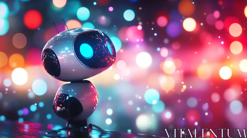 Curious little robot glowing softly in a dreamy neon world.