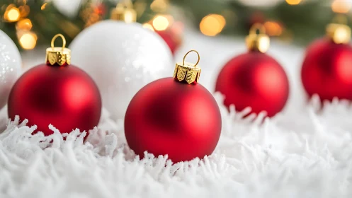 Red and white Christmas baubles rest on artificial snow