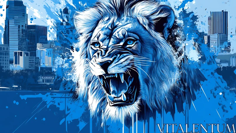Roaring neon lion floods the steel city with electric blue