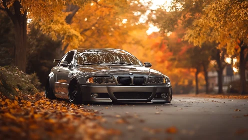Photorealistic autumn street portrait of lowered sports sedan.