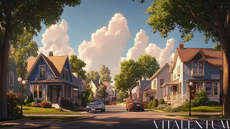 Late-afternoon small town residential street with gabled homes