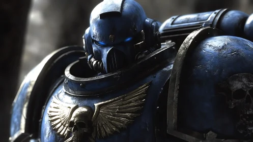 Blue power armored warrior stands in worn tactical gear