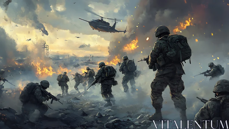 Modern infantry squad advancing through burning battlefield.