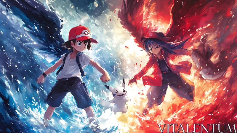 Dual trainers command water and fire in dynamic clash.