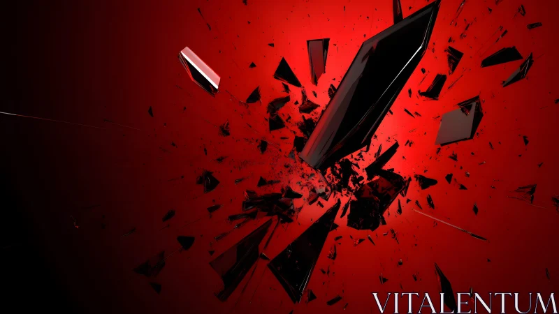 Abstract black glass shards exploding on vivid red background.