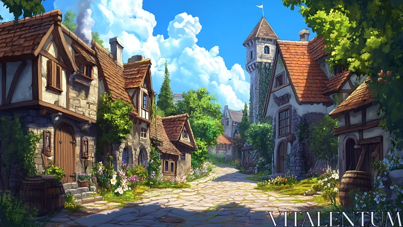 Sunny medieval village lane glows with rustic cottage charm.